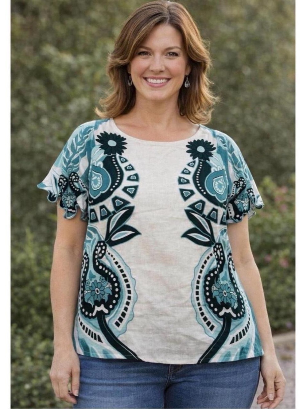 Anthropologie Calligraphie Linen Blend Paisley Print Floral Scalloped Sleeve Lg